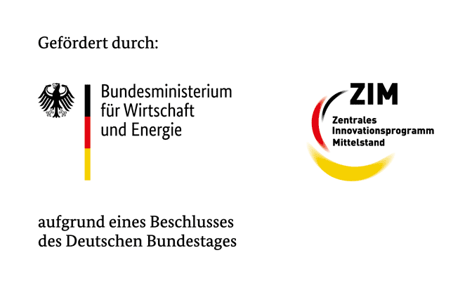 Logo: Dieses Projekt wird vom Bundesministerium für Wirtschaft und Energie (BMWE) aufgrund eines Beschlusses des Deutschen Bundestages gefördert. – Logo ZIM - Netzwerk: Zentrales Innovationsprogramm Mittelstand
